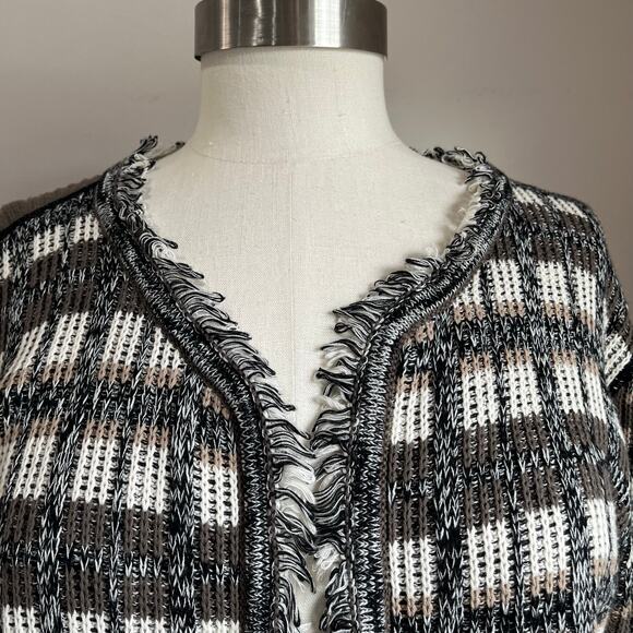CAbi #4097 Gray Brown White Open Front Fringe Plaid Cardigan Sweater Sz Large - Picture 4 of 8